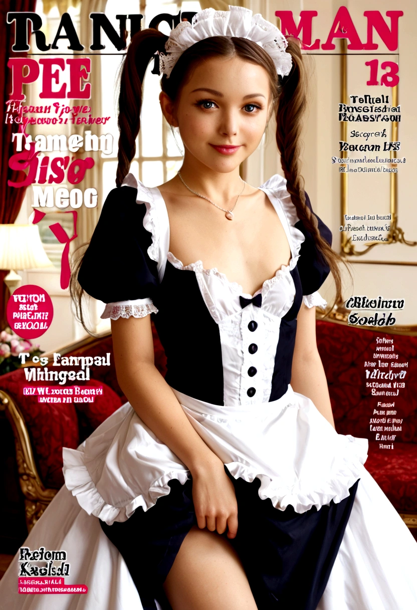 Magazine cover,Twin Tails,Beautiful sexy woman(Wearing Maid dress),,(Smooth skin),E7E48U,excited,Small Breasts,pubic hair