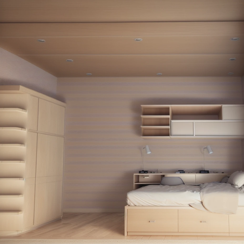 a rendering of a bedroom with a bed, desk, and cabinets, inside of a bedroom, sketch - up, bedroom background, bedroom, 3 d perspective, bed room, 3 d rendering, 3d rendering, bed on the right, vue 3d render, dim bedroom, 3 / 4 view, 3/4 view, 3 d rendered, wide establishing shot