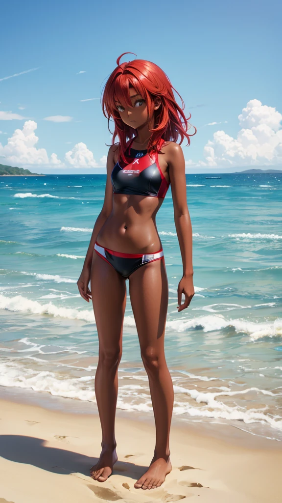 Red-haired, dark-skinned, flat-chested girl,swimsuit,Bare waist,Bare Legs,barefoot,Standing,beach