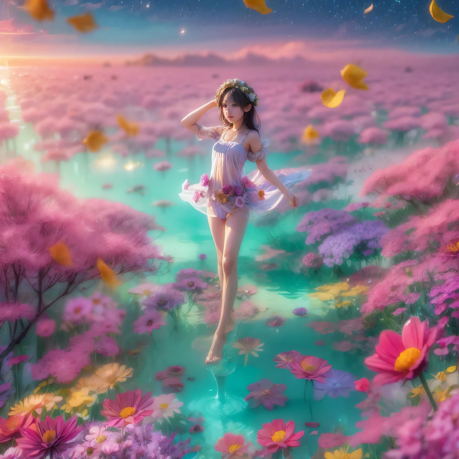 Crimson in Pearly RainbowColors,ExtremelyDetailed(ProfessionalPhoto of Girl Floating in the Sky:1.37)ZoomLayer{Stunning|Mystic|GodRays|Haze}, 280th floor infinity pool，The tallest building in the urban forest, {Around bonsai|Luo Han Song|coconut palms|tulips|Rose flower}, (Masterpiece 8K TopQuality:1.2),  (ExtremelyDetailed NOGIZAKA face and Eyes:1.37)ElaboratePupils with (SparklingHighlights:1.28) DoubleEyelids with Voluminous LongEyelashes RosyCheeks (Joyful Expressions LifeLike Rendering)  BREAK   Detailed impeccable Radiant PearlSkin with Transparency, Skinny(SchoolSwimwear) {(HiddenHand)|((Corrected BabyLikeHand))} (Whole Body Proportions and all limbs are Anatomically Accurate), (FlowerWreath WrappedBody Flowers Covering girl's body Full of Flowers){Dazzling RainbowColorHorizon|ColorfulSky|ColorfulClouds|Starly Stars}(extra limbs:-1.4)(Not Detailed Face:-1.4)