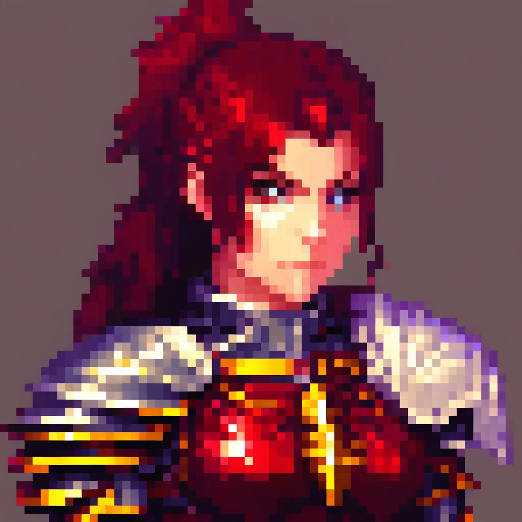 detailed portrait of a strong white woman, dark red hair, (close-up portrait), detailed face features, large arm muscles, knightly powers, holy red armor, fighter deamination look, battle-hardened warrior, intricate pixel art style, highly detailed, masterpiece, 8k, photorealistic, ((pixel art)), highly detailed, masterpiece, 8k, photorealistic, portrait, fantasy, magical, ethereal, cinematic lighting, dramatic contrast, vivid colors, digital painting
