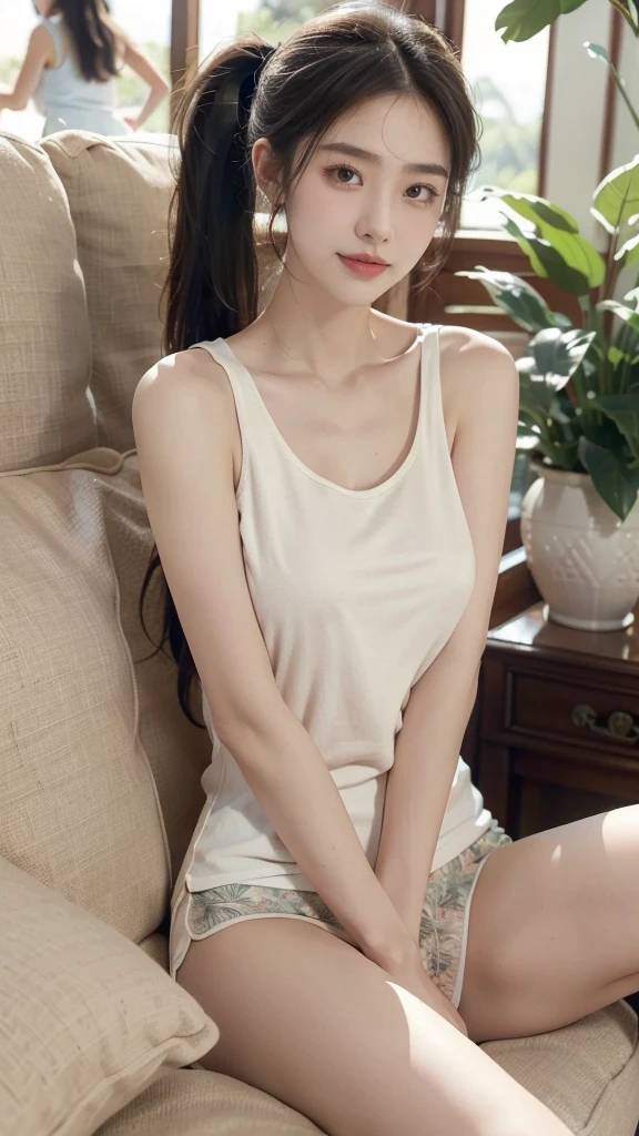 (((best quality))),(((very detailed))),(((masterpiece))),illustration,((1 beautiful girl, College student,alone)),((slim,thin,huge breasts,big bust)),(long ponytail:1.2),(sleeveless shirt:1.2), studying, books, dormitory, Summer Afternoon, sky, gloomy shadow, bed, Wooden desk, bookshelf, Soft and warm light, lamp, soft light, Almond-shaped eyes, textbooks, fancy, Beach, city, vacation, Smiling broadly, pen, emphasis, notebook, date, leg stretching, A cushion, portable fan, soothing breeze, summer heat, herbal tea, thirst, potted plants, greenery, vibrant leaves, cozy atmosphere, a firm expression, excel test, Summer Vacation, Intellect, crystal, achieve the goal,((sit on the sofa,arms back,spread legs,in front,whole body))