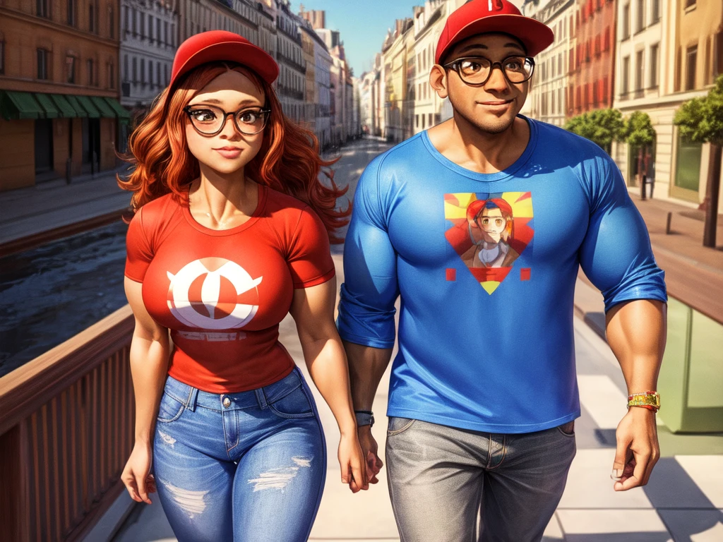 (masterpiece, best quality:1.2), A couple , boy Nino Lahiffe: Brown skin, dark hair, usually seen wearing a red cap, glasses, and casual clothing like a T-shirt and jeans, and a girl Alya Césaire: Brown skin, curly dark brown hair, often wears glasses, and typically seen in stylish, casual outfits. A casual day out with both characters in their everyday attire,Sharing a tender moment, like sitting on a rooftop overlooking Paris..(girl and boy:1), smiling, ((high resolution illustration)), ((extremely detailed)), (couple), Alya, Nino, Nino X Alya, (best quality,4k,8k,highres,masterpiece:1.2), ultra-detailed, realistic:1.37, HDR, studio lighting, extreme detail description, nino wearing a red cap, professional, vibrant colors, bokeh, ((muscular female bodybuilder)), detailed lips, strong embrace, romantic scene, intimate moment, intense passion, athletic bodies, fitness couple, gym background, muscular definition, sculpted muscles, sweat glistening,muscular