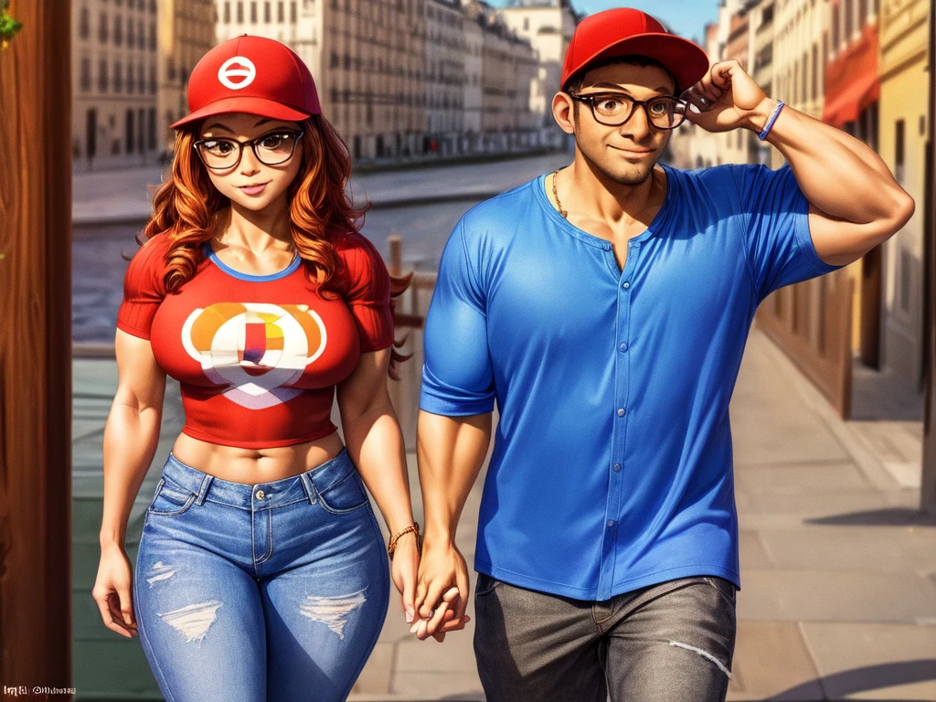 (masterpiece, best quality:1.2), A couple , boy Nino Lahiffe: Brown skin, dark hair, usually seen wearing a red cap, glasses, and casual clothing like a T-shirt and jeans, and a girl Alya Césaire: Brown skin, curly dark brown hair, often wears glasses, and typically seen in stylish, casual outfits. A casual day out with both characters in their everyday attire,Sharing a tender moment, like sitting on a rooftop overlooking Paris..(girl and boy:1), smiling, ((high resolution illustration)), ((extremely detailed)), (couple), Alya, Nino, Nino X Alya, (best quality,4k,8k,highres,masterpiece:1.2), ultra-detailed, realistic:1.37, HDR, studio lighting, extreme detail description, nino wearing a red cap, professional, vibrant colors, bokeh, ((muscular female bodybuilder)), detailed lips, strong embrace, romantic scene, intimate moment, intense passion, athletic bodies, fitness couple, gym background, muscular definition, sculpted muscles, sweat glistening,muscular