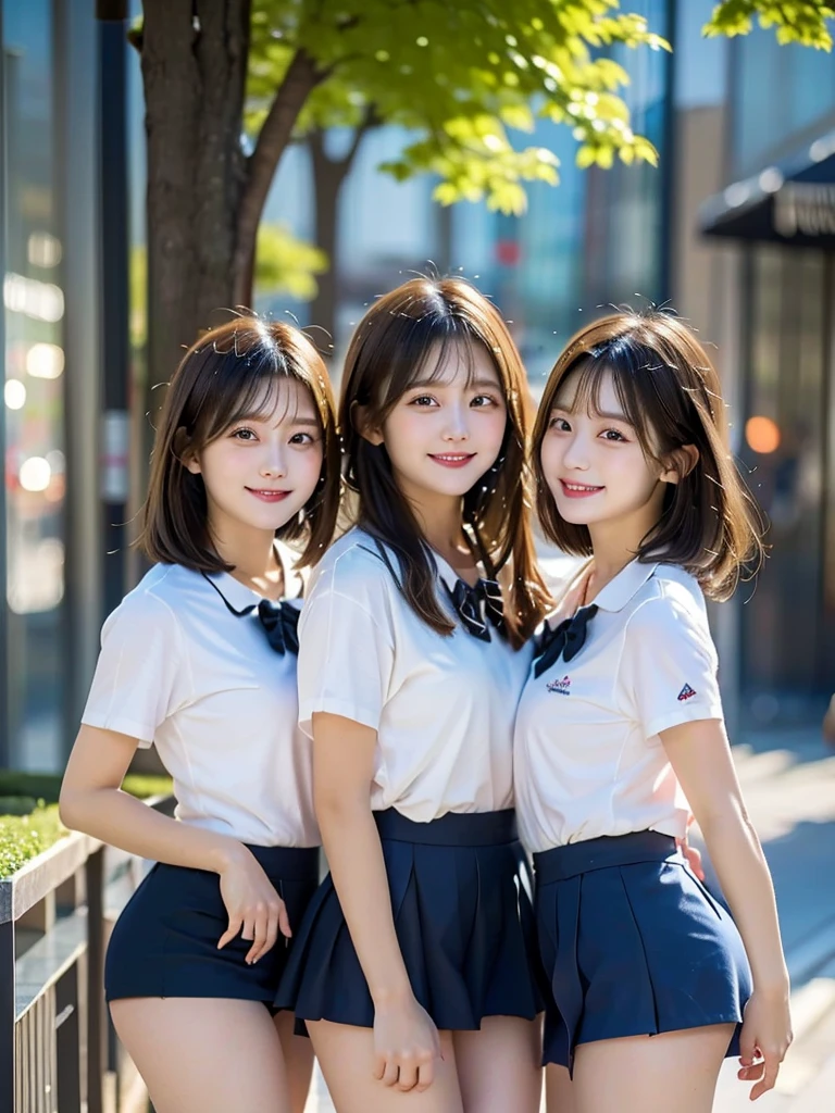 Three Beauties,3 girls,mini skirt,Wearing a uniform,smile