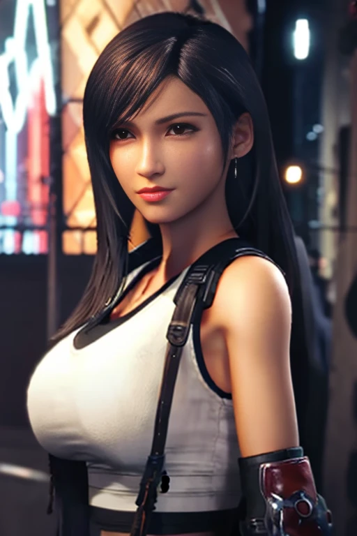 Tifa Lockhart on the street in the evening in the rain with blurry mascara under her eyes looks sexy erotic art 3D detailed, high quality