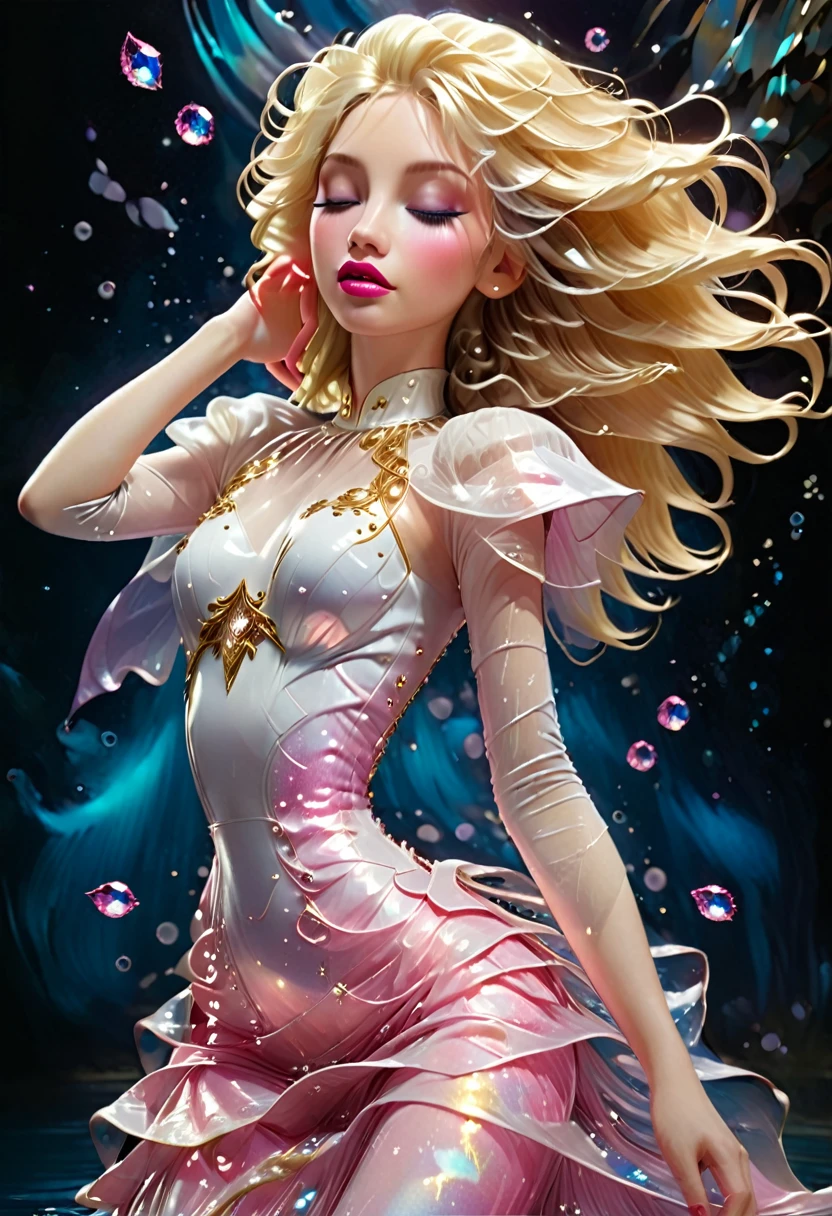 Floating onto the surface. ((She turns around.)) Her body in a leaning back position. Her blonde long hair covered tanznite glitter. Her big blues and covered in pink crystal covered lips. Wearing a white satin dress with gold mesh layers