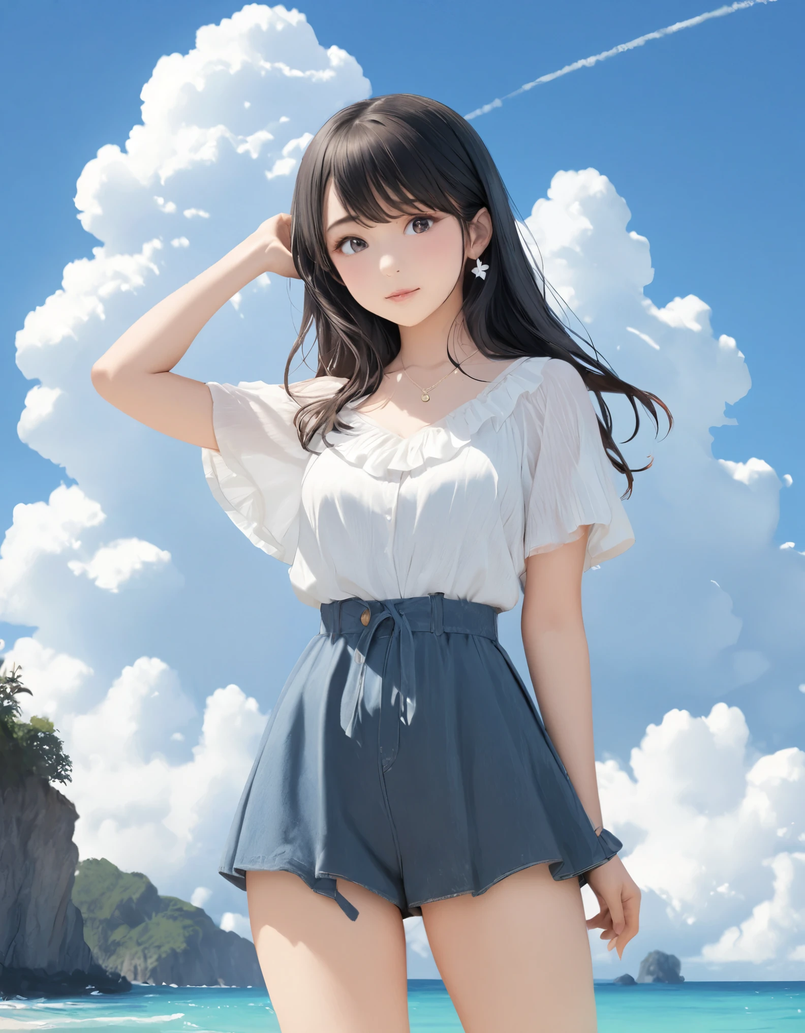 (best quality:1.2), 1girl, Cumulonimbus, summer, cowboy shot, shoot from front