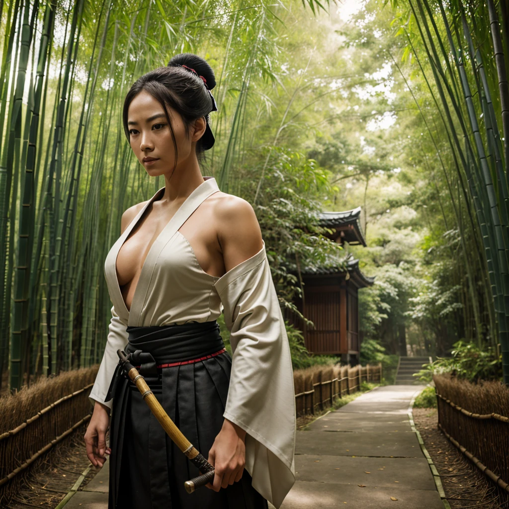 Raw photo of one female samurai, standing in a fighting stance, with a sword drawn from a scabbard in her hands, ready for battle, in full samurai attire (kimono) (wind in a bamboo forest), (the wind lifted the leaves up), a cut on her shoulder ( high skin detail: 1.2), 8k uhd, SLR camera, soft lighting, high quality, film grain, Fujifilm XT3