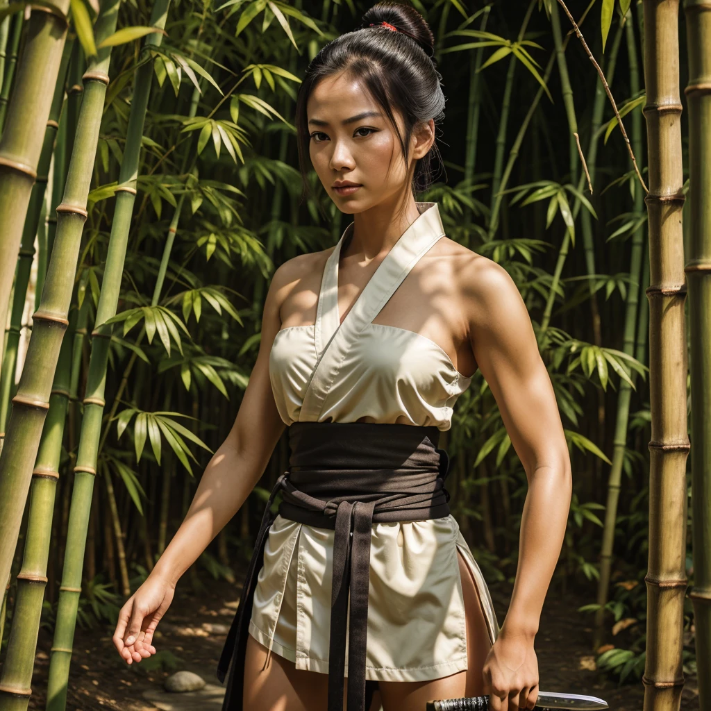 Raw photo of one female samurai, standing in a fighting stance, with a sword drawn from a scabbard in her hands, ready for battle, in full samurai attire (kimono) (wind in a bamboo forest), (the wind lifted the leaves up), a cut on her shoulder ( high skin detail: 1.2), 8k uhd, SLR camera, soft lighting, high quality, film grain, Fujifilm XT3