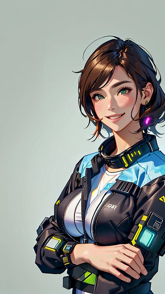 Brown Hair、(Huge breasts)、entrepreneur、Highest quality,masterpiece,original,Plain background,View Audience,1人のwoman,(alone:1.5),woman,woman、Wearing a cyberpunk costume, Fill up this vibrant and colorful scene.smile、It expresses strength and underlying joy...。 This digital illustration is rendered in high resolution..., Artstationではアニメジャンルのmasterpieceとして話題になっている
