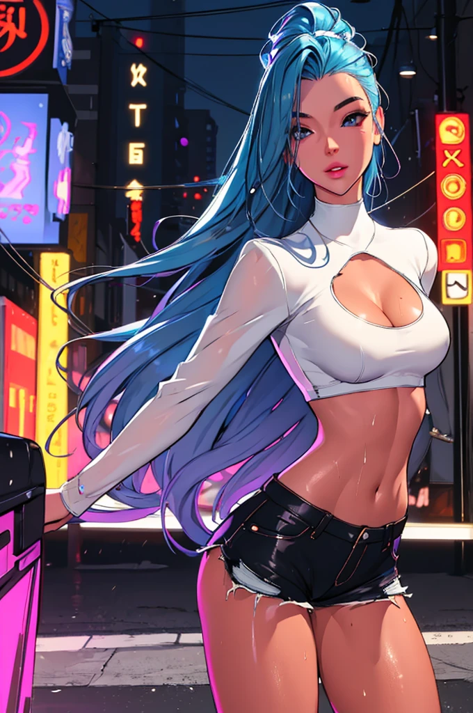 (best quality: 1.2), clean face, (masterpiece: 1.2, 8k)(PureErosFace_V1: 0.7), perfect anatomy, 1girl,a beautiful fashion model ,(masterpiece, official art, best quality) (wet skin, shiny skin) ,long and shiny hair, blue hair with streaks in hair, long hair, full lips, upturned nose , big breasts, looking at viewer, revealing outfit, absurdity, intricate details, city, dynamic pose, night, neon signs, cinematic lighting, (highly detailed skin: 1.2), wearing
short shorts and a tight white top, cleavage, torn clothes