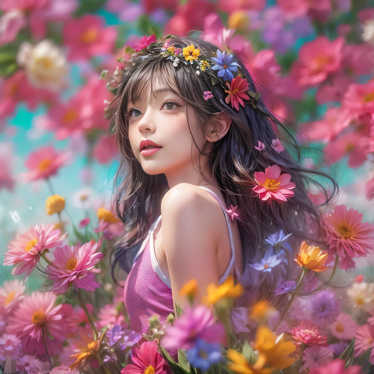 Crimson in Pearly RainbowColors,ExtremelyDetailed(ProfessionalPhoto of Girl Floating in the Sky:1.37)ZoomLayer{Stunning|Mystic|GodRays|Haze}, 280th floor infinity pool,The tallest building in the urban forest, {Around bonsai|Luo Han Song|coconut palms|tulips|Rose flower}, (Masterpiece 8K TopQuality:1.2), (ExtremelyDetailed NOGIZAKA face and Eyes:1.37)ElaboratePupils with (SparklingHighlights:1.28) DoubleEyelids with Voluminous LongEyelashes RosyCheeks (Joyful Expressions LifeLike Rendering) BREAK Detailed impeccable Radiant PearlSkin with Transparency, Skinny(SchoolSwimwear) {(HiddenHand)|((Corrected BabyLikeHand))} (Whole Body Proportions and all limbs are Anatomically Accurate), (FlowerWreath WrappedBody Flowers Covering girl's body Full of Flowers){Dazzling RainbowColorHorizon|ColorfulSky|ColorfulClouds|Starly Stars}(extra limbs:-1.4)(Not Detailed Face:-1.4)