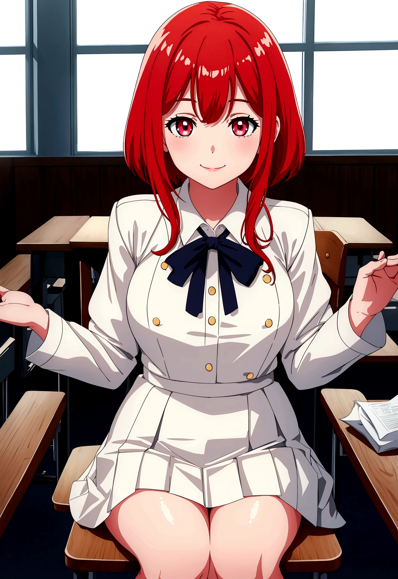 Highest quality, White skin, Ultra-high resolution, 8K, One girl, delicate, ,classroom、uniform、skirt,Happy,Smile、Redhead、Shortcuts、cute、Sit on a chair、Normal chest,
