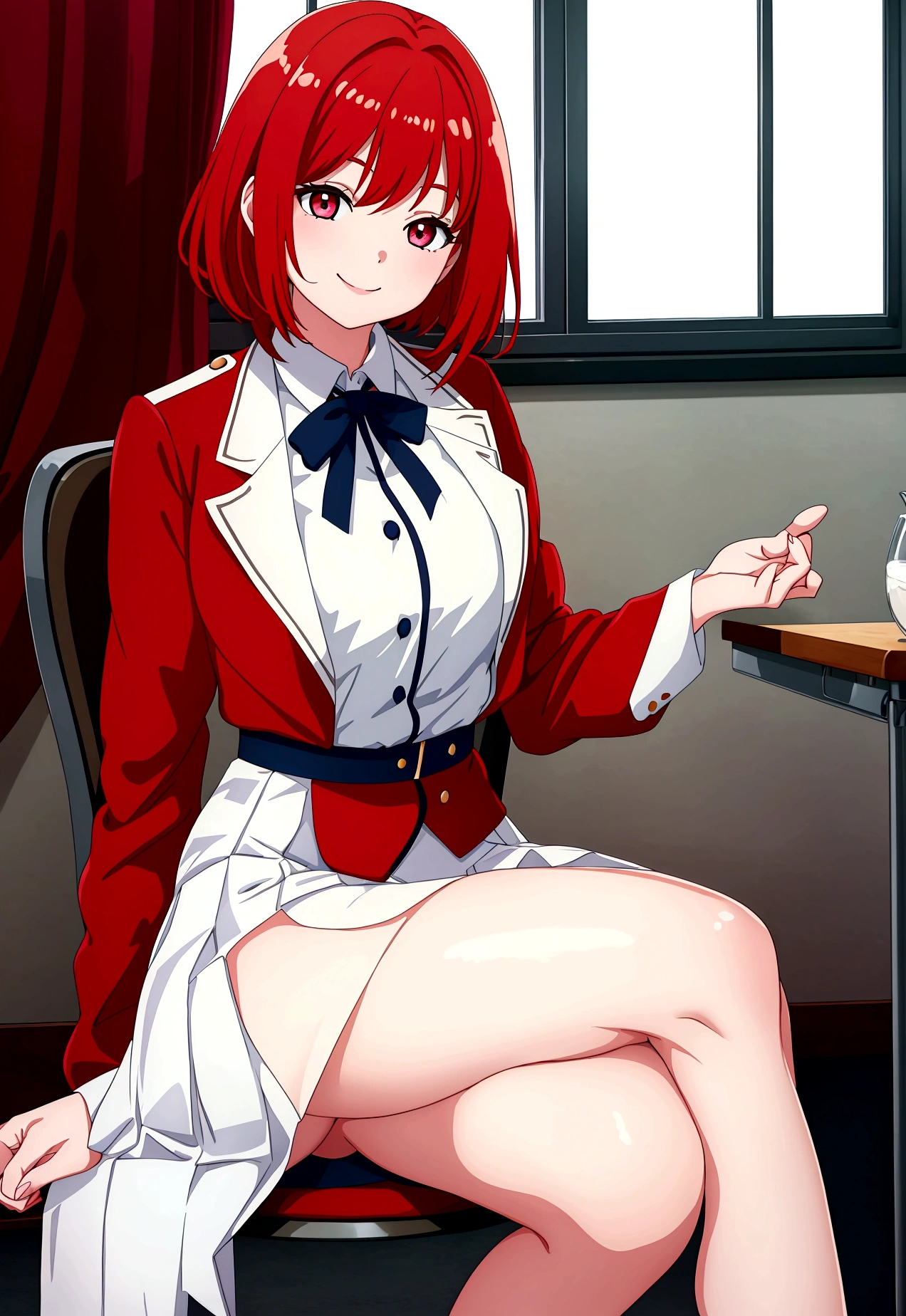 Highest quality, White skin, Ultra-high resolution, 8K, One girl, delicate, ,classroom、uniform、skirt,Happy,Smile、Redhead、Shortcuts、cute、Sit on a chair、Normal chest,
