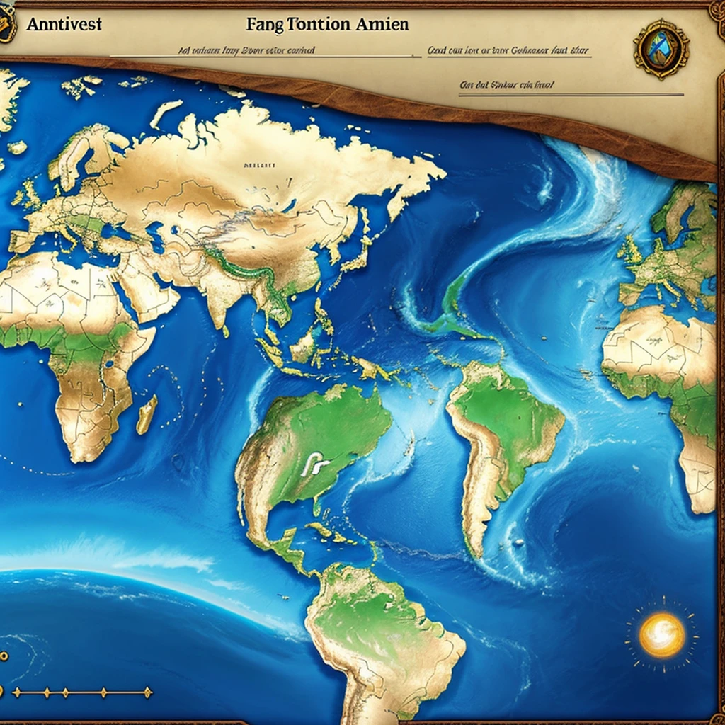 fantasy world, ((5 continents)), navigator's scroll, ((Best Quality)), ((maximum in details)), world is called Chaos, decorations in oceans, unexplored world, ((mediaval)), Ancient parchment
