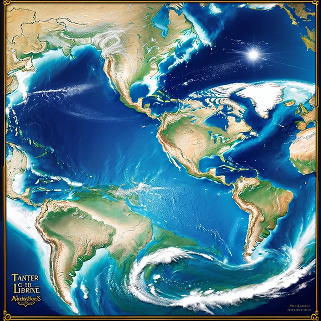 fantasy world, ((5 continents)), navigator's scroll, ((Best Quality)), ((maximum in details)), world is called Chaos, decorations in oceans, unexplored world, ((mediaval)), Ancient parchment