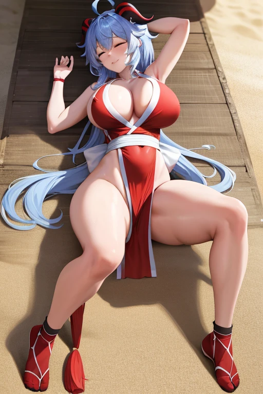 masterpiece, best quality, beautiful art, high resolution, well formed hands, body and fingers, 1 woman, solo,Ganyu, goat horns, grown up, cosplaying as Mai Shiranui , mai_shiranui_cosplay, adult, large and round breasted, cleavage full body, hair ribbon, gorgeous legs and, thighs, sexy Japanese clothes, hair ornament , sexy legs , hips and thighs, ryona,in peril, she is defeated, knocked out, passed out, closed eyes, exhausted, unconscious, laying down on the sand, extended exposed body, full body on the sand, breathing heavily, sexy smirk on her face, bouncing breasts, sexy defeated pose, defeat and KO scene, fallen beauty, martial arts tournament with beach environment