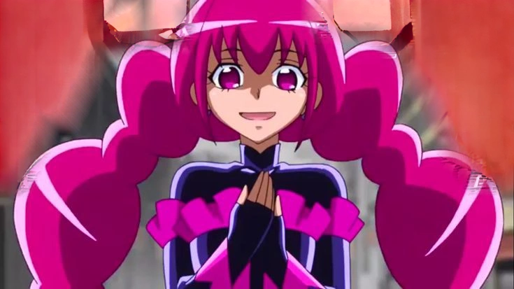 a close up of a person with pink hair and a purple outfit, anime girl named lucy, humanoid pink female squid girl, pink iconic character, shining pink armor, juri misaki, pink twintail hair and cyan eyes, misato katsuragi, black magician girl, streamlined pink armor, with pink hair, anya from spy x family