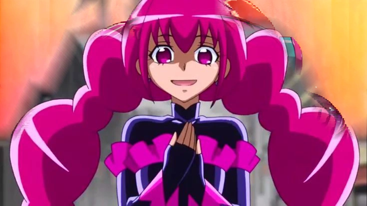 a close up of a person with pink hair and a purple outfit, anime girl named lucy, humanoid pink female squid girl, pink iconic character, shining pink armor, juri misaki, pink twintail hair and cyan eyes, misato katsuragi, black magician girl, streamlined pink armor, with pink hair, anya from spy x family