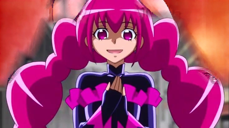 a close up of a person with pink hair and a purple outfit, anime girl named lucy, humanoid pink female squid girl, pink iconic character, shining pink armor, juri misaki, pink twintail hair and cyan eyes, misato katsuragi, black magician girl, streamlined pink armor, with pink hair, anya from spy x family