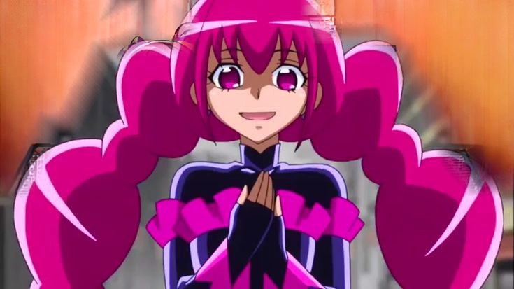 a close up of a person with pink hair and a purple outfit, anime girl named lucy, humanoid pink female squid girl, pink iconic character, shining pink armor, juri misaki, pink twintail hair and cyan eyes, misato katsuragi, black magician girl, streamlined pink armor, with pink hair, anya from spy x family