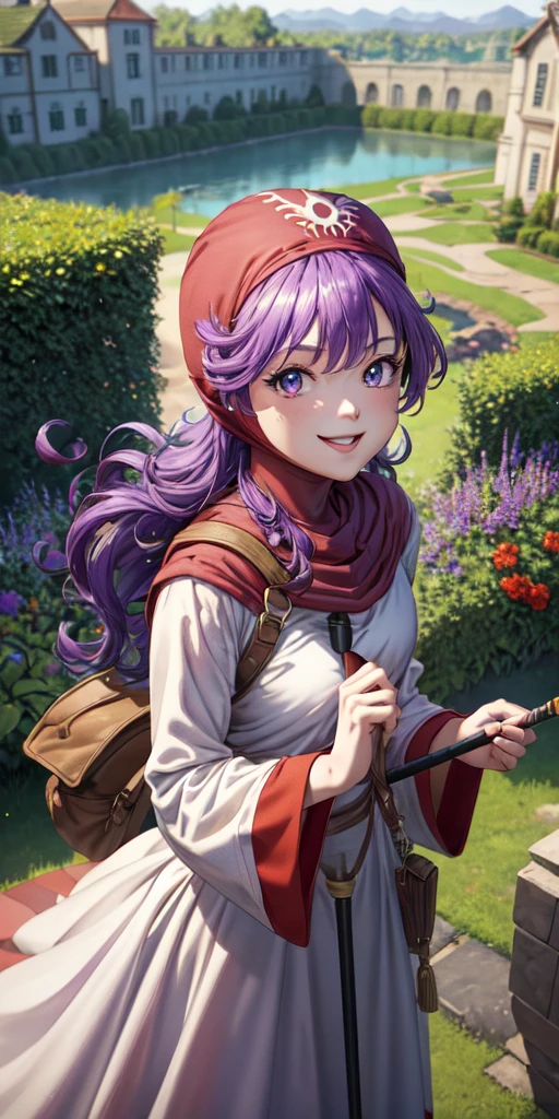 masterpiece, best quality, 4k, 8k, dqPom, red hood, purple hair, robe, upper body, standing, holding staff, sky, garden, looking at viewer, from above, smile