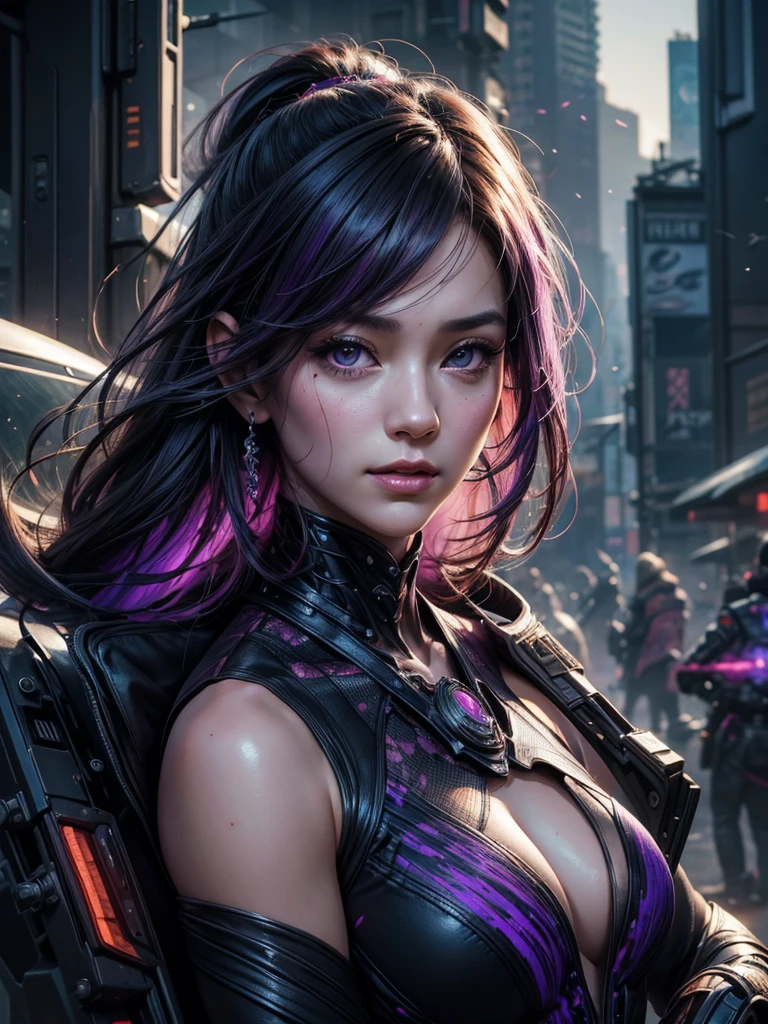 happy woman, in the middle, looking at camera, Close to perfection, dynamic, shades of purple, Highly detailed, digital painting, art station, concept art, smooth, Sharp focus, illustration, งานศิลปะโดย Carne Griffiths และ Wadim Kashin, detailed face, 4K