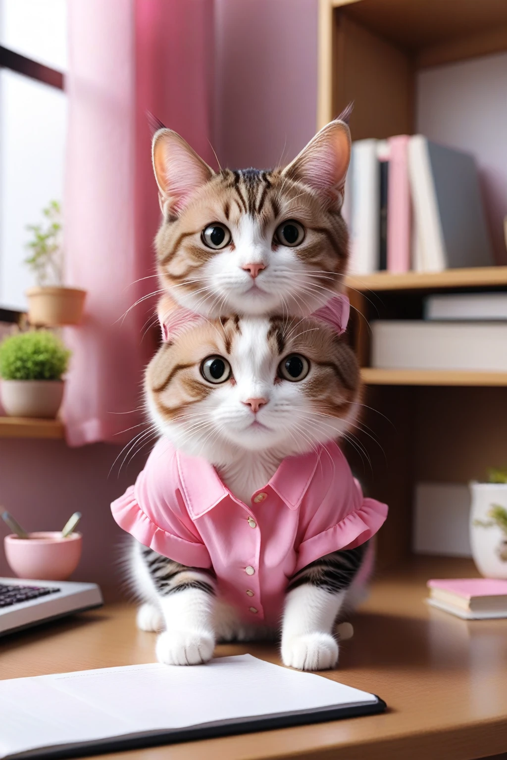 A cat in a pink blouse looking at me from across the desk、Cute Characters、Center composition、looking at the camera、