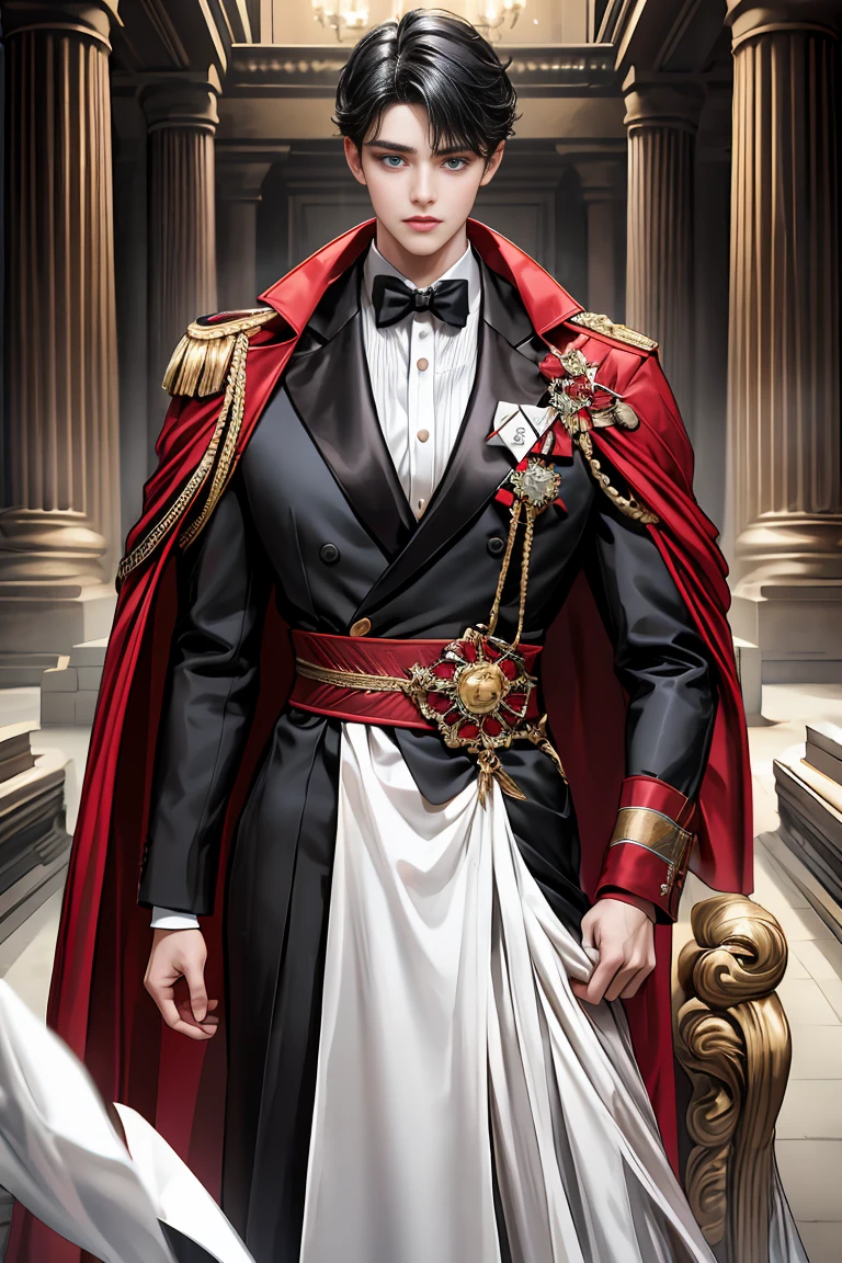 masterpiece, 最high quality, high quality, 1 boy, alone, Male focus, Watching the audience, Messy black hair, Adorable big blue eyes, White people, Noble, Noble,A black and red cape bursting with sexy volume、Tuxedo、A very voluminous, large, very large, very large, long, long red and black cape with a high stand-up collar, made of a lot of fabric that reaches down to the floor., 17 years old,Cute beautiful boys,Cute, cute, kind, handsome guy