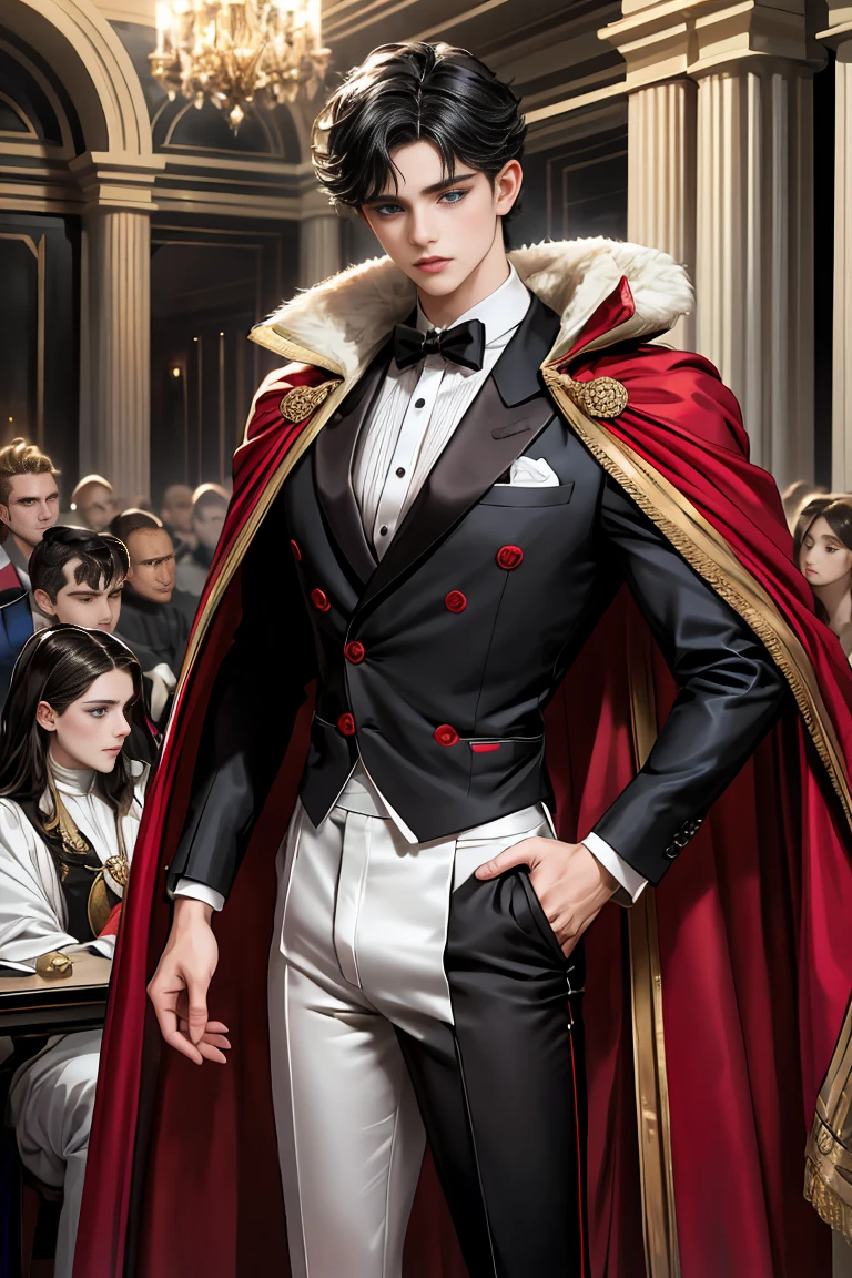 
masterpiece, 最high quality, high quality, 1 boy, alone, Male focus, Watching the audience,  Messy black hair, Adorable big blue eyes, White people, Noble, Noble,Sexy voluminous black and red cape、Tuxedo、A very voluminous, large, very large, very large, long, long red and black cape with a high stand-up collar, made of a lot of fabric that reaches down to the floor., 17 years old,Cute beautiful boys,Cute, cute, kind, handsome guy