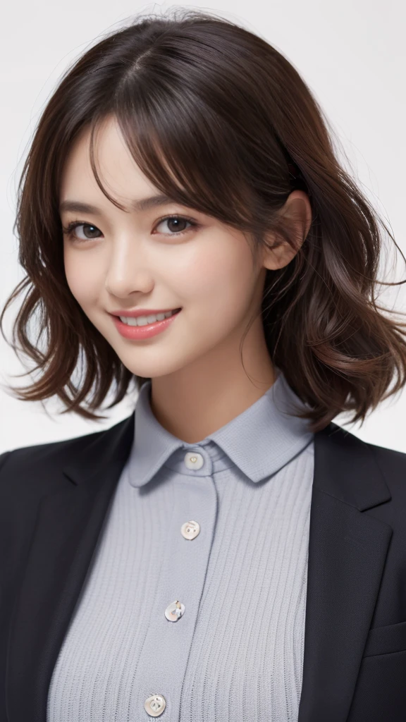 (Realistic: 1.4), (highest quality: 1.4), (fine grain), Full Body Shot, ((White Background)), ((One Young Woman)), ((Have an iPhone)),Black wavy hair, ((suit)), Big eyes, Blushed, ((smile)), Highly detailed face and skin texture, Healthy Skin, 8K resolution
