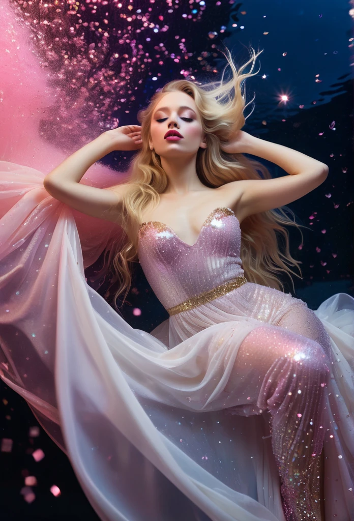Floating onto the surface. ((She turns around.)) Her body in a leaning back position. Her blonde long hair covered tanznite glitter. Her big blues and covered in pink crystal covered lips. Wearing a white satin dress with gold mesh layers