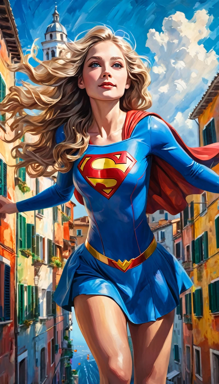 a beautiful supergirl flying over a picturesque italian city, oil painting, high detailed face, long wavy hair, dynamic pose, blue sky, cityscape with colorful buildings, vintage style, rich colors, dramatic lighting, impressionistic brushstrokes, masterpiece, ultra-detailed, 8k, hyperrealistic