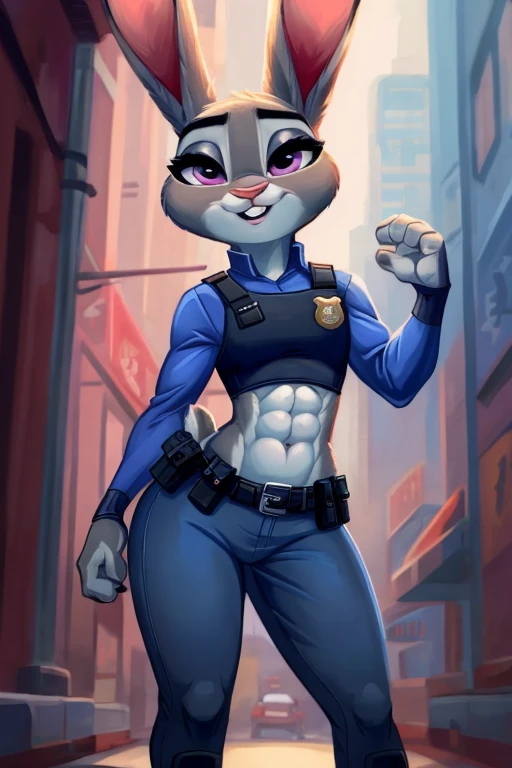 ((best quality)), ((masterpiece)), (detailed), a digital artwork of Judy hopps with abs wearing a crop top of her long sleeve pink-colored police uniform with her pink-colored police vest and pink-colored police pants, a bare midriff and a bare navel, ((trending on artstation)), ((4k)), furry, anthro style, 2d style, 