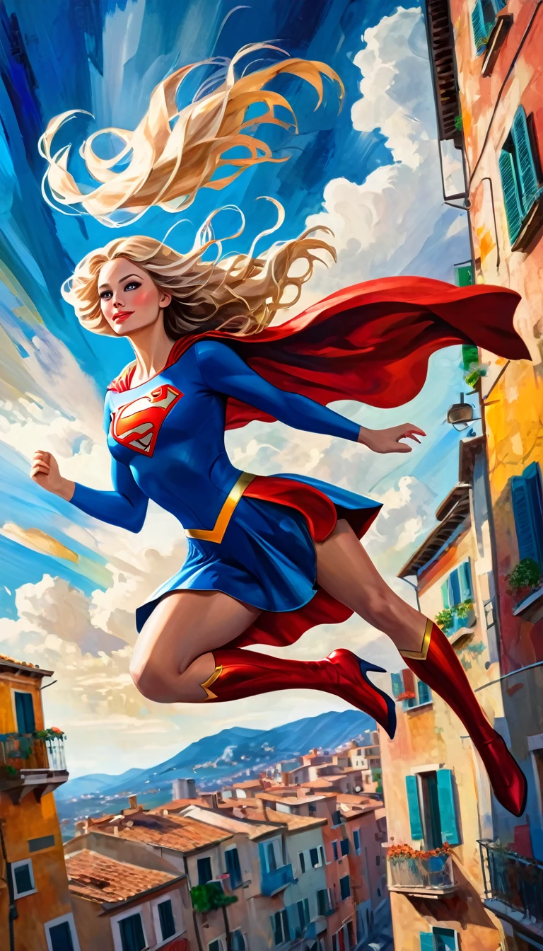 a beautiful supergirl flying over a picturesque italian city, oil painting, high detailed face, long wavy hair, dynamic pose, blue sky, cityscape with colorful buildings, vintage style, rich colors, dramatic lighting, impressionistic brushstrokes, masterpiece, ultra-detailed, 8k, hyperrealistic