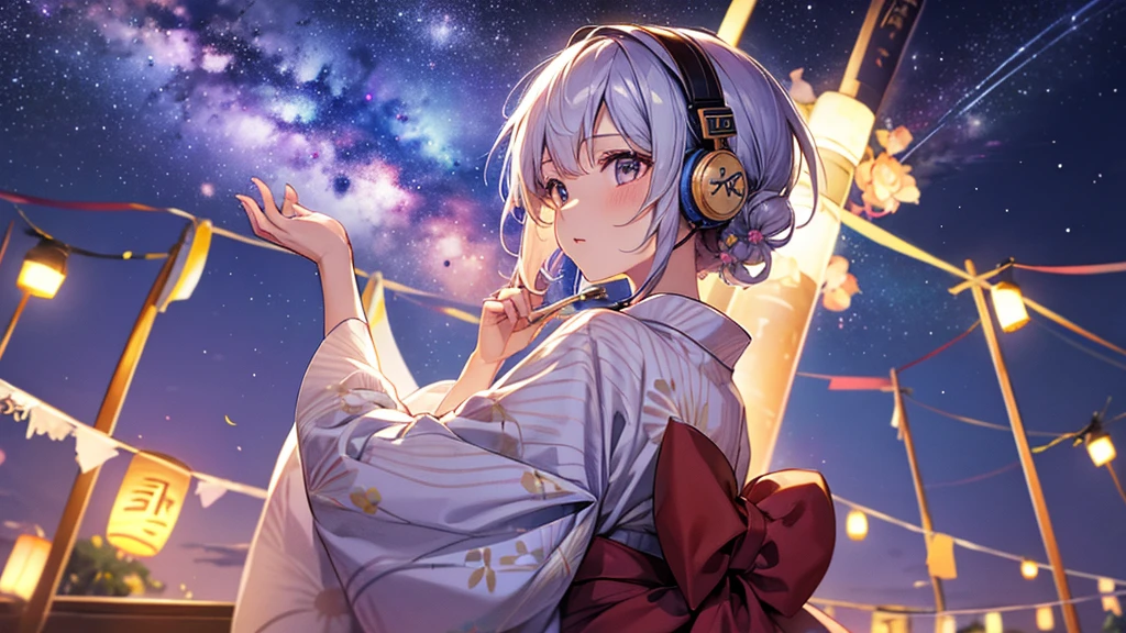 (((Highest quality、High resolution)))、Tanabata、Gazing at the Milky Way sky、A woman wearing a yukata、Headphones