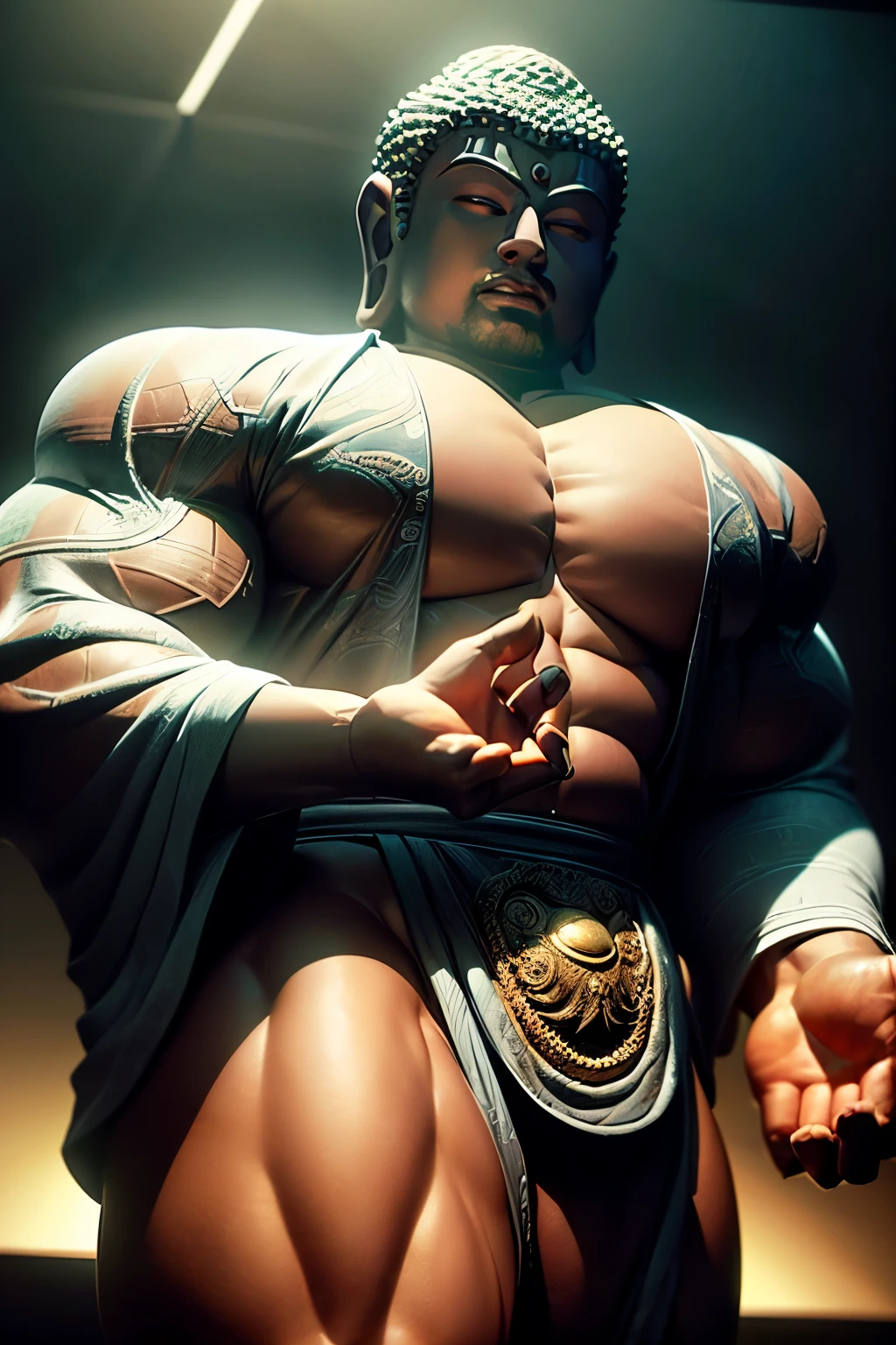 ((Highest quality、masterpiece、super high quality、Ultra-high resolution、No clothes:2、No clothes:2))、(Standing posture、The two engaged in a fierce battle:2、Lots of characters、Bodybuilder man:1.6、Bodybuilder Women、very small head、Very happy smile、死んだeyeをしている、Dynamic Angle、Facial highlights、Vajra Hercules、Buddha像、Buddha、Chakra、Spiral hair:1.6、Punch perm、Perfect in every way、Overwhelming intimidation、eye、Steel-like body:1.8)、(Sumo、Sumo ring)、High Contrast, Realistic painting influenced by Western art、Absurd、Realistic、Unreal Engine、Sumoの試合風景、Expert craftsmanship、キラキラ輝くSumo取りと輝く黄金の体を持つリアルなBuddha像が非常に激しくSumo,Dynamic and energetic、Perfect Anatomy、{Huge|big|Hugeな|Mega} chest, chestの谷間、The beauty of the golden ratio、god々Shii、Cleaning mop、Gentle light、where are you looking?、
