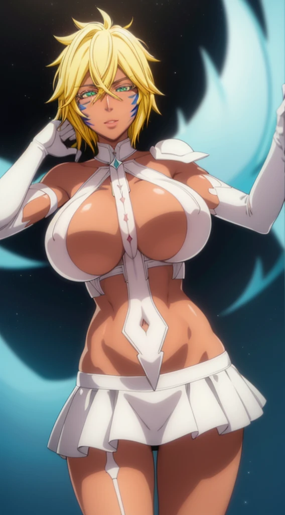 Halpeltier, Hallebel layer, short hair hair, blonde hair, green eyes, Dark skin, Dark-skinned female, facial mark , gloves, white gloves, midriff, Navel, Collar 
A break that looks at the viewer, (cowboy shot:1.5),
BREAK (Masterpiece:1.2), Best Quality, high-resolution, unity 8k wallpaper, (illustration:0.8), (Beautiful Detailed Eyes:1.6), extremely detailed face, perfect illumination, highly detailed CG, (perfect hands, perfect anatomy), Lock the smile on the viewer, Bikini skeleton , Seaside Boyle Lake Smile Yellow Lips Bra Nipple Knickers