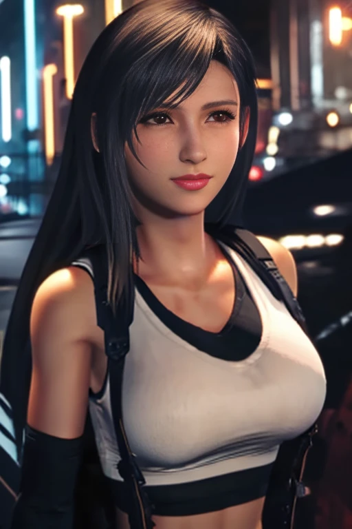 Tifa Lockhart on the street in the evening in the rain heavily made up like a whore looks sexy seductive lustful erotic art 3D detailed, high quality