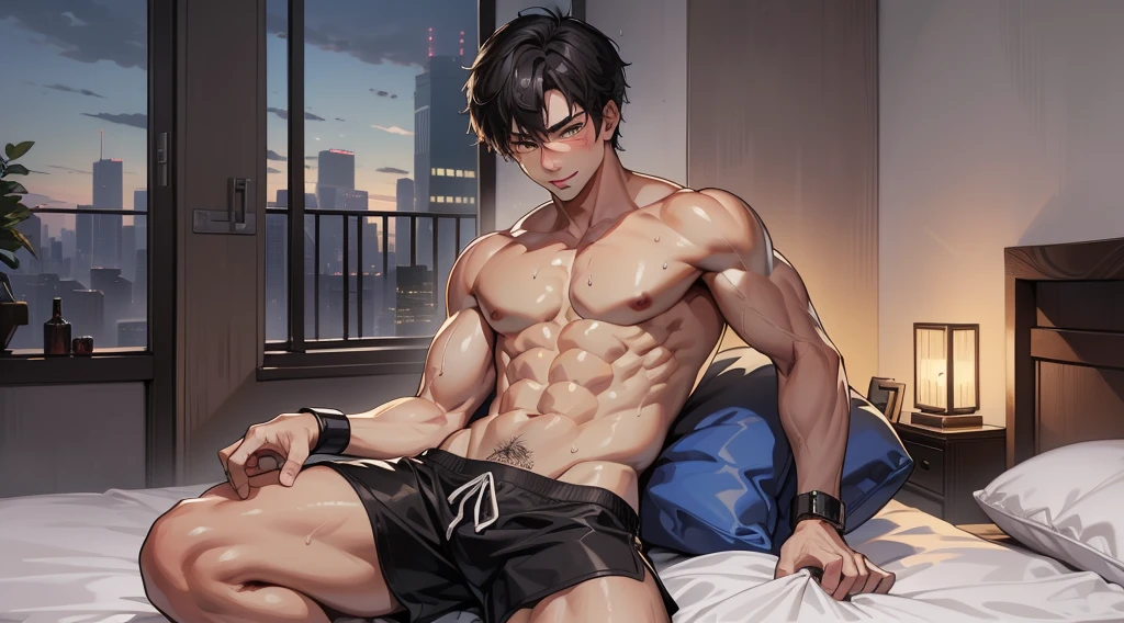 (absurd, high resolution, Extremely detailed), masterpiece, best quality, ((Mature and handsome man)), Blushing smile,muscular, handsome guy, Big biceps, Abdominal muscles, thigh, Broad shoulders, Open the chest,, Black short hair,sweat, Shirtless,