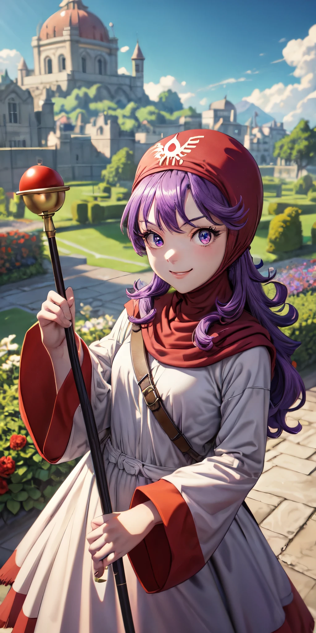 masterpiece, best quality, 4k, 8k, dqPom, red hood, purple hair, robe, upper body, standing, holding staff, sky, garden, looking at viewer, from above, smile