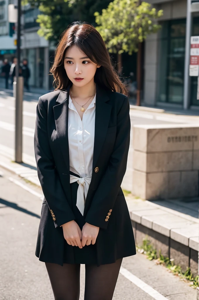 ((Realistic lighting, Highest quality, 8K, masterpiece:1.3)), A beautiful widow in an elegant black dress, Wearing a black jacket、 (Wearing ultra-realistic pantyhose)、Elegant pearl necklace、Ephemeral expression、Funeral、Lonely、sad、Ephemeral、My heart sinks、With tears、