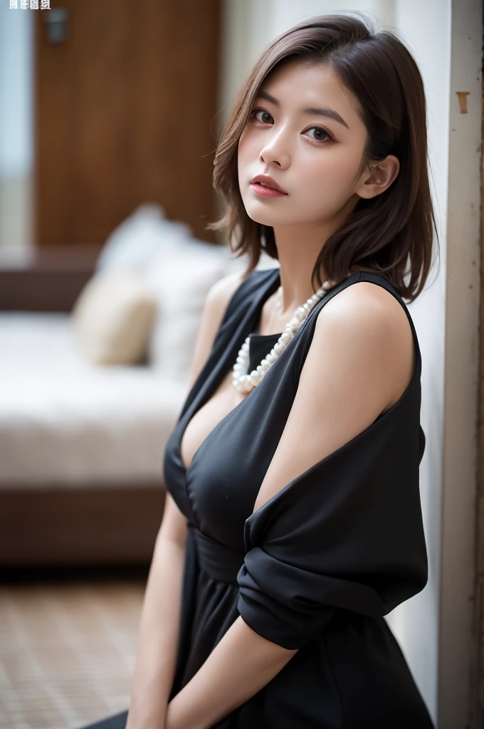 ((Realistic lighting, Highest quality, 8K, masterpiece:1.3)), A beautiful widow in an elegant black dress, Wearing a black jacket、 (Wearing ultra-realistic pantyhose)、Elegant pearl necklace、Ephemeral expression、Funeral、Lonely、sad、Ephemeral、My heart sinks、With tears、