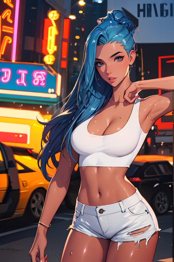 (best quality: 1.2), clean face, (masterpiece: 1.2, 8k)(PureErosFace_V1: 0.7), perfect anatomy, 1girl,a beautiful fashion model ,(masterpiece, official art, best quality) (wet skin, shiny skin) ,long and shiny hair, blue hair with streaks in hair, long hair, full lips, upturned nose , big breasts, looking at viewer, revealing outfit, absurdity, intricate details, city, dynamic pose, night, neon signs, cinematic lighting, (highly detailed skin: 1.2), wearing
 short shorts and a tight white top, cleavage, torn clothes