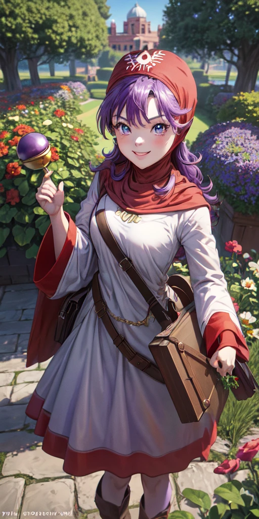 masterpiece, best quality, 4k, 8k, dqPom, red hood, purple hair, robe, cowboy shot, standing, holding staff, sky, garden, looking at viewer, from above, smile