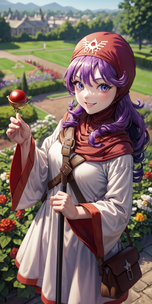 masterpiece, best quality, 4k, 8k, dqPom, red hood, purple hair, robe, cowboy shot, standing, holding staff, sky, garden, looking at viewer, from above, smile