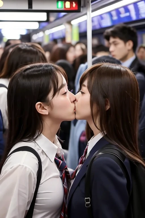 two girls pressed each other, angry look, face to face, symmetrical docking, kiss, close contact on crowded train, pressed girls, two girls can't move in the crowd, crowded train full of girls, reluctantly, filled with girls without any gaps