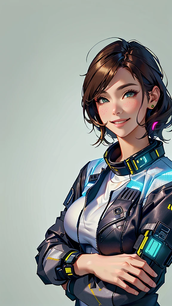 Brown Hair、(Huge breasts)、entrepreneur、Highest quality,masterpiece,original,Plain background,View Audience,1人のwoman,(alone:1.5),woman,woman、Wearing a cyberpunk costume, Fill up this vibrant and colorful scene.smile、It expresses strength and underlying joy...。 This digital illustration is rendered in high resolution..., Artstationではアニメジャンルのmasterpieceとして話題になっている
