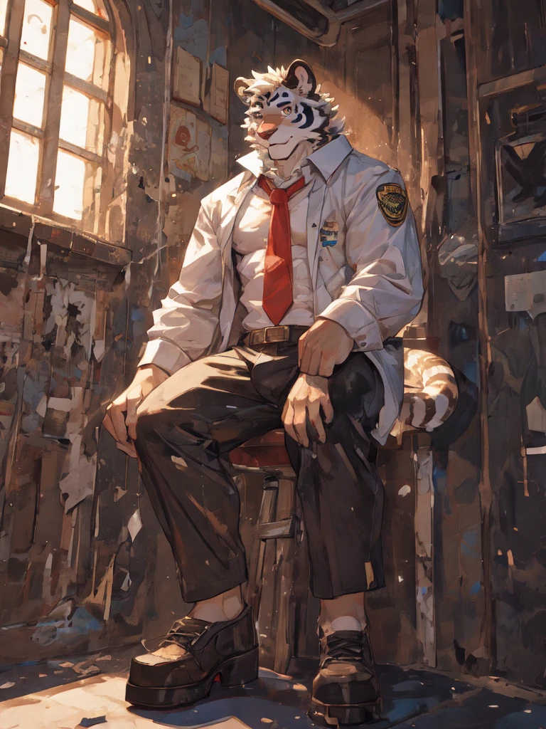 {{bara extremely handsome white tiger,}} {{white fur,}} white, wearing military like purple trench coat, purple trousers, white dress shirt and necktie, white fluffy furry body and limbs, loafers, very tall, very broad shoulders, narrow waist, muscular arms, massive pecs, purple eyes, very long legs, sitting on swivel chair with legs spread, perspective, massive bulge, reading file, sophisticated hot look, sexy pose, full body, sunlight casting over, 3/4 view, best quality, high quality, silver earring on left ear, sultry smirk